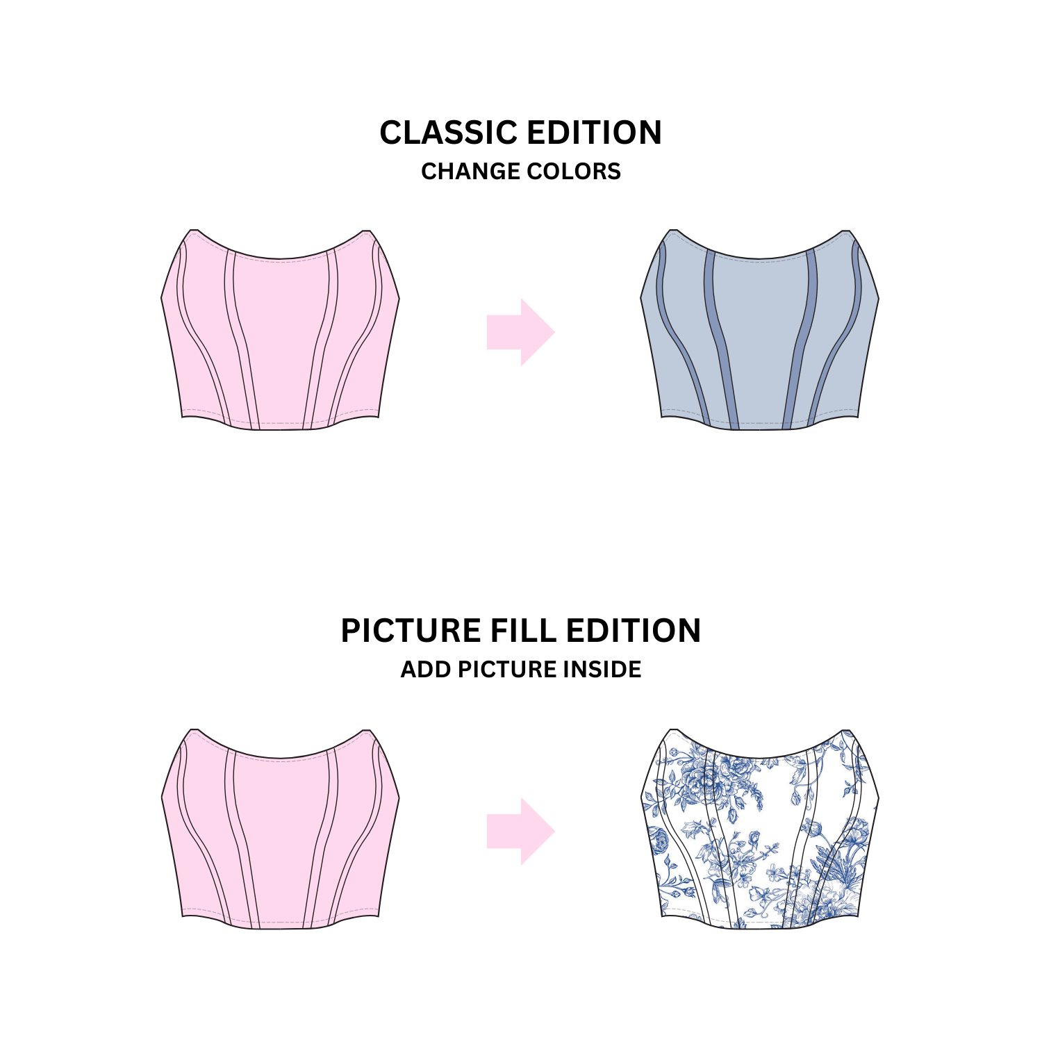 A picture showing the difference between the Classic Edition and Picture Fill Edition mockup pack