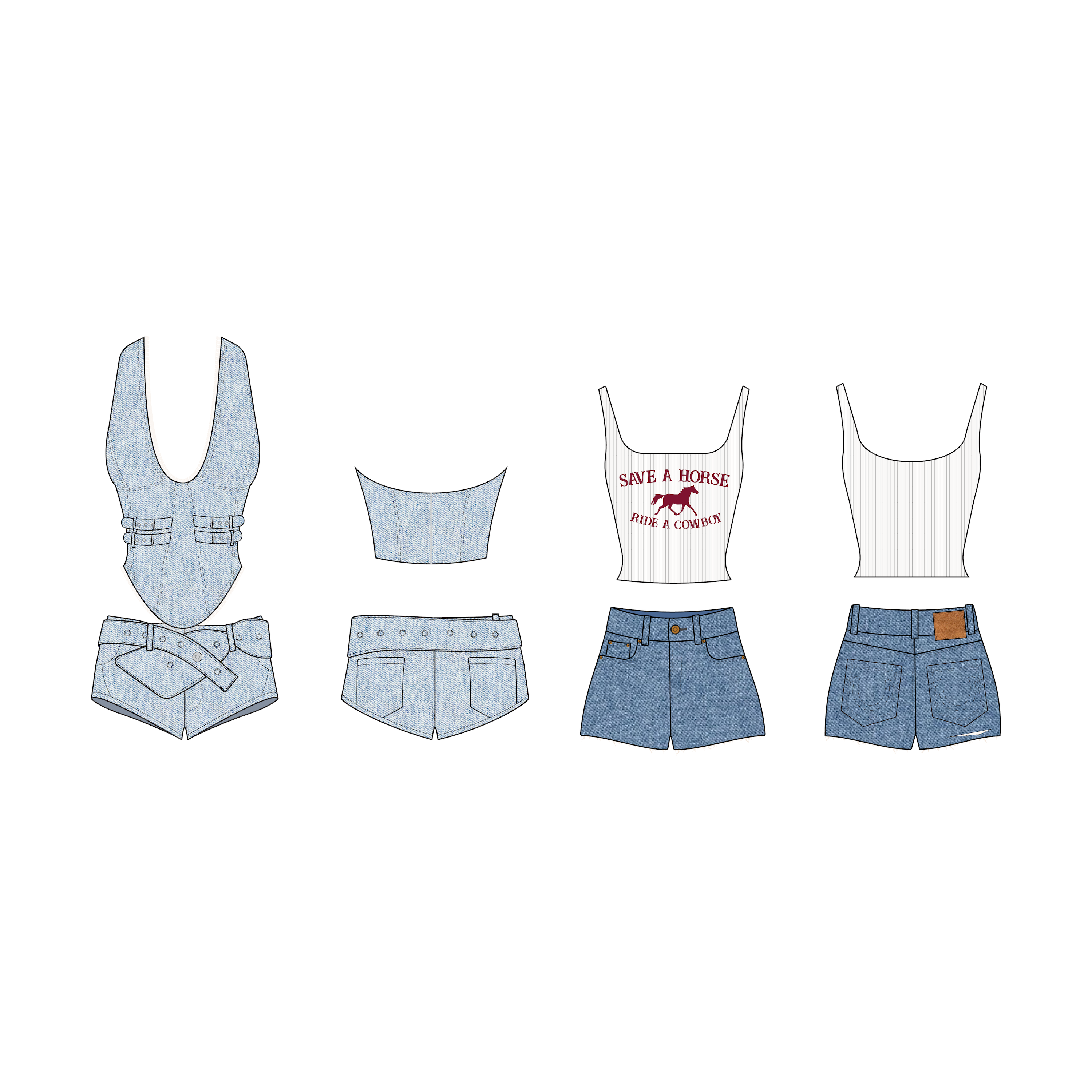 A picture displaying mockups of two different cowgirl themed outfits
