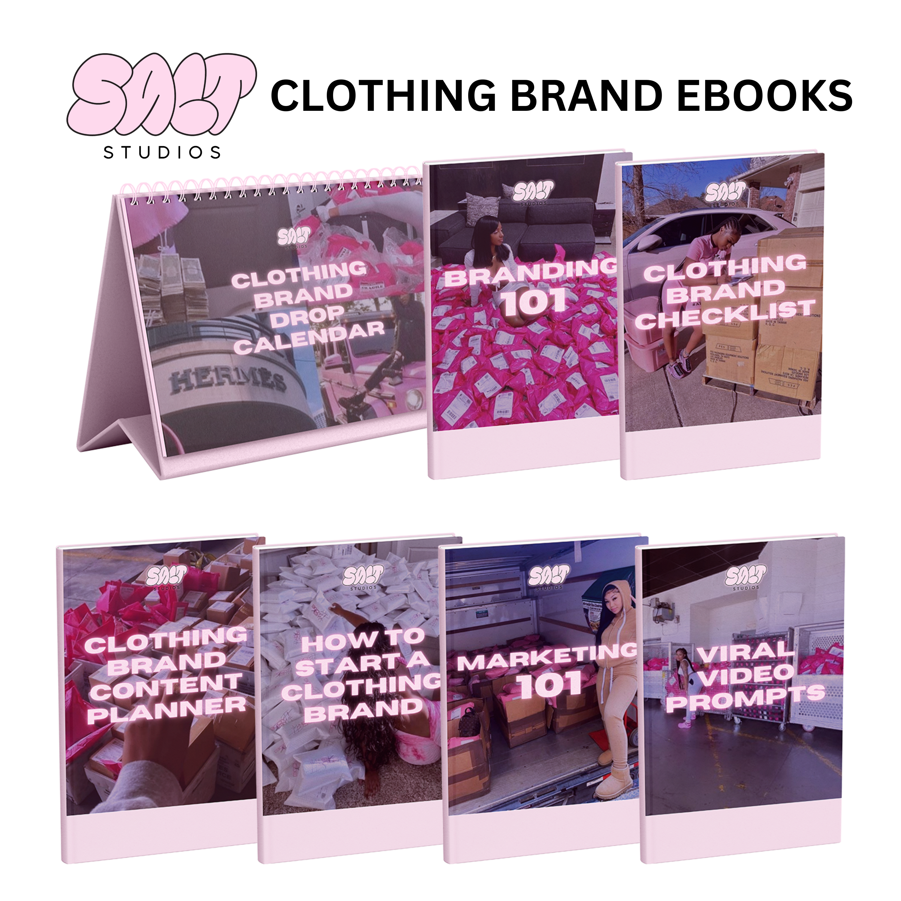 A picture displaying seven different clothing brand related ebooks