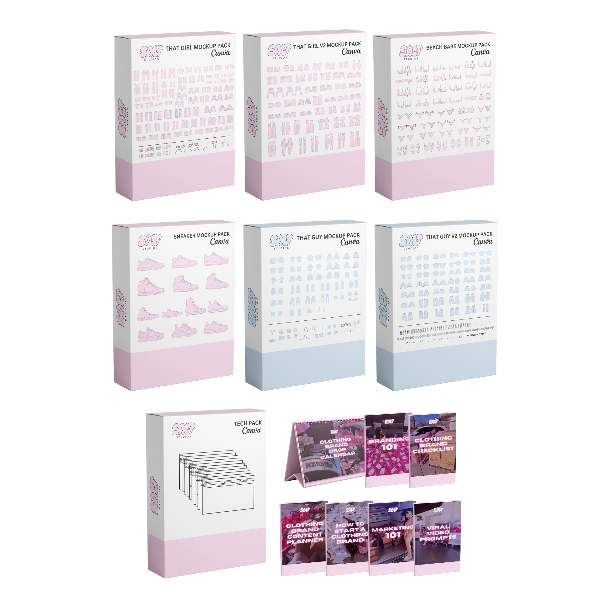A picture displaying six different mockup packs, one tech pack template, and seven clothing brand related ebooks. The mockup packs are That Girl, That Girl V2, Beach Babe, Sneaker, That Guy, and That Guy V2.