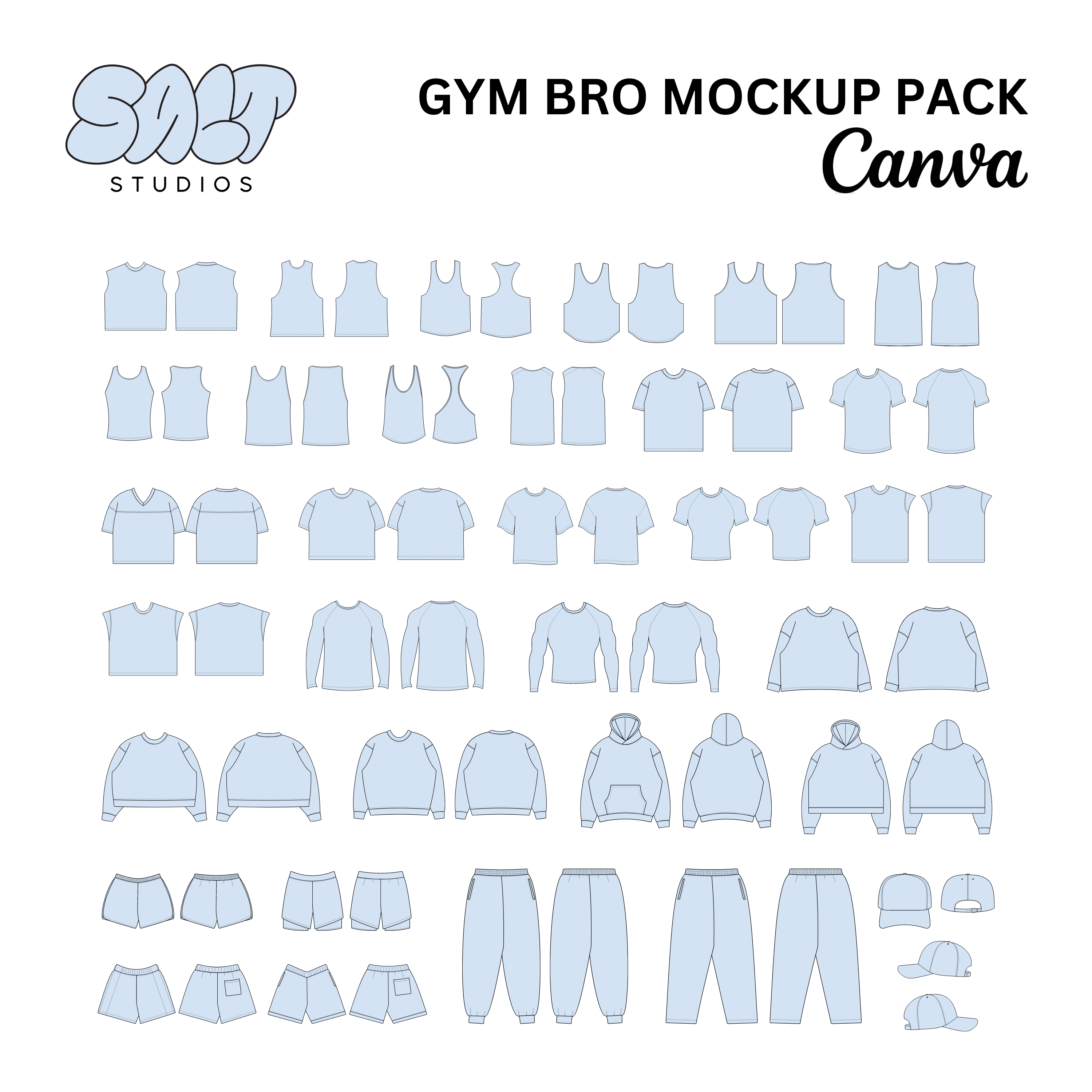 A picture displaying all the mockups in the Gym Bro Mockup Pack