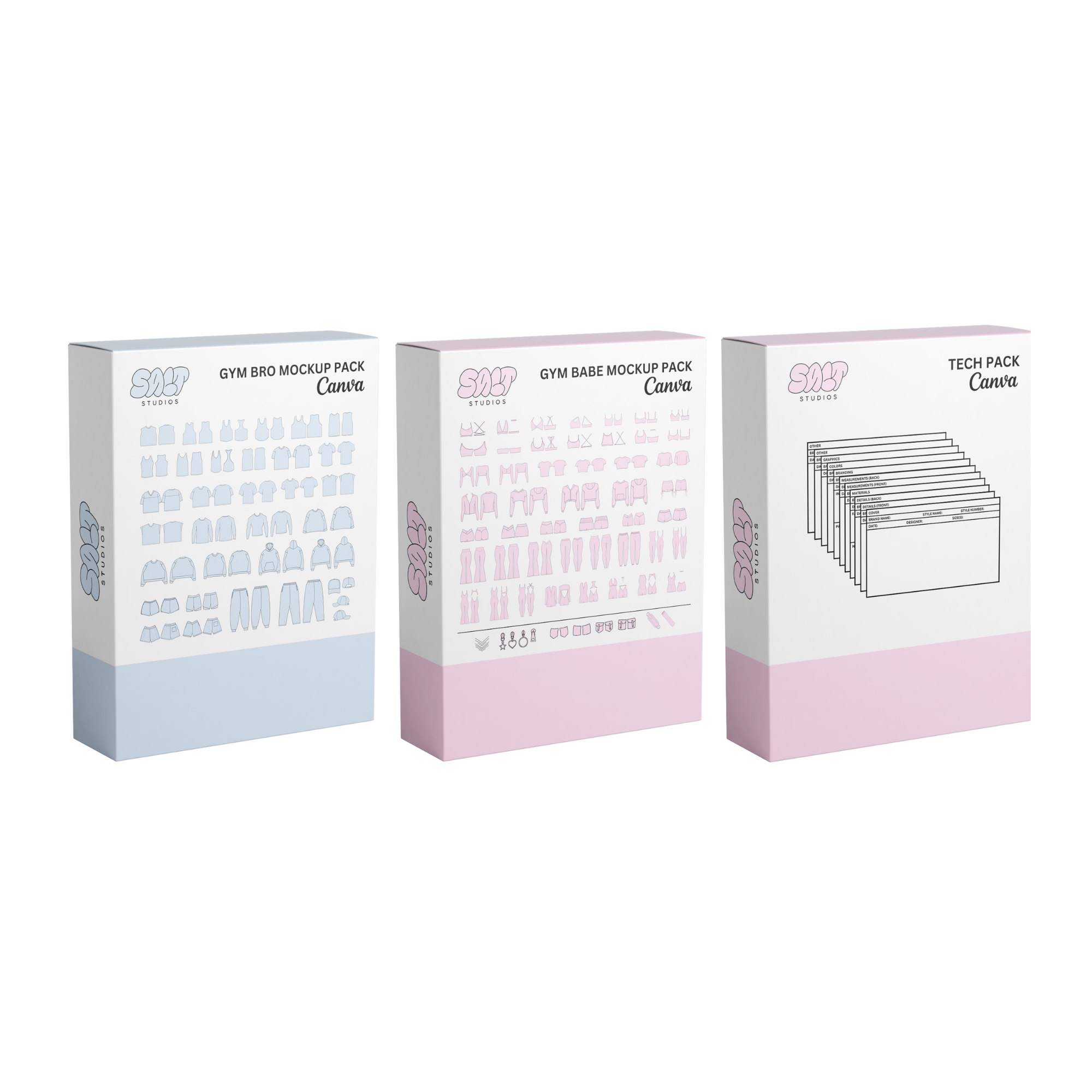 A picture displaying two different mockup packs and one tech pack template. The mockup packs are Gym Bro and Gym Babe.