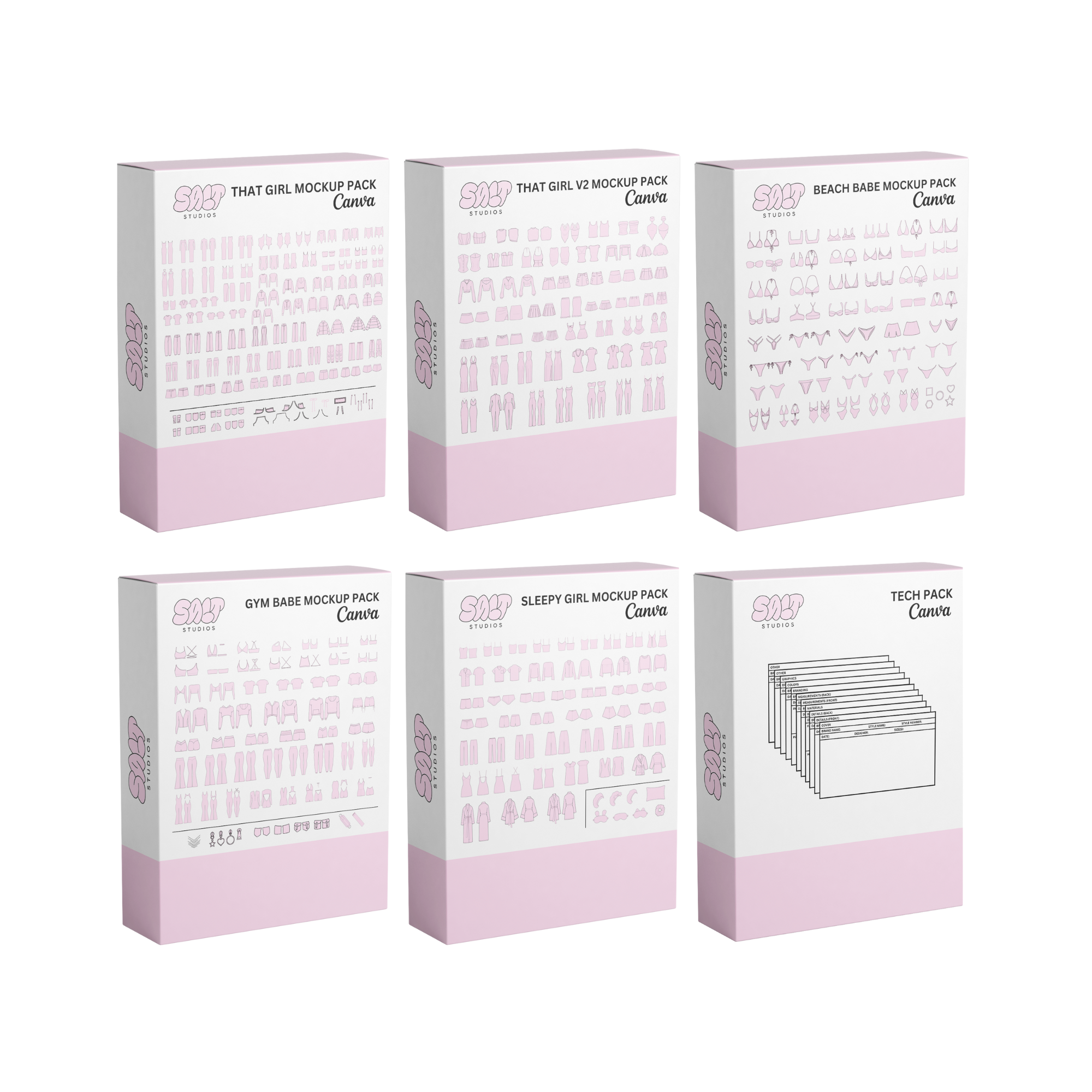 A picture displaying five different mockup packs and one tech pack template. The mockup packs are That Girl, That Girl V2, Beach Babe, Gym Babe, and Sleepy Girl.