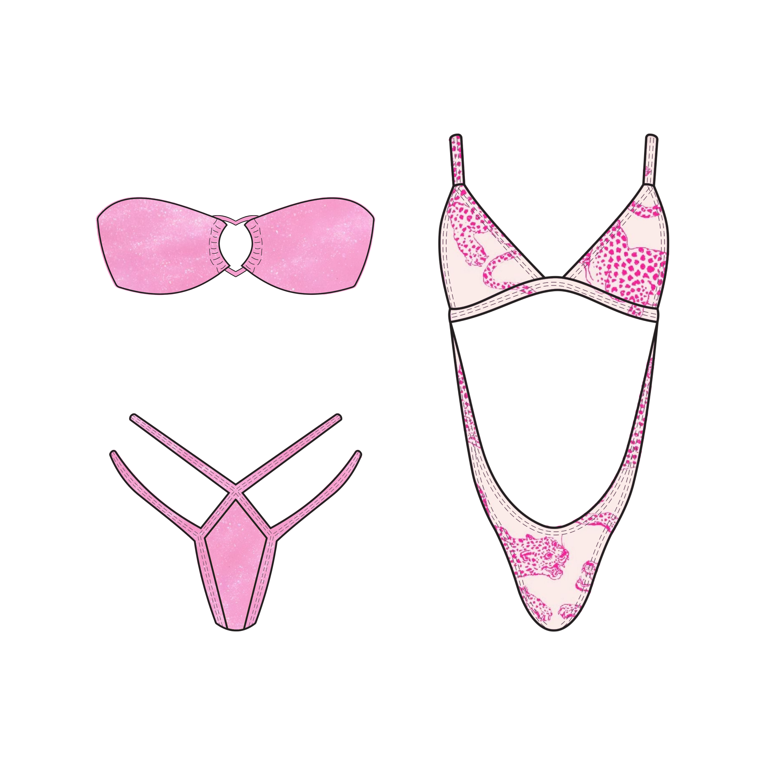 A pink glitter bikini mockup and an animal print monokini mockup using the Beach Babe Mockup Pack