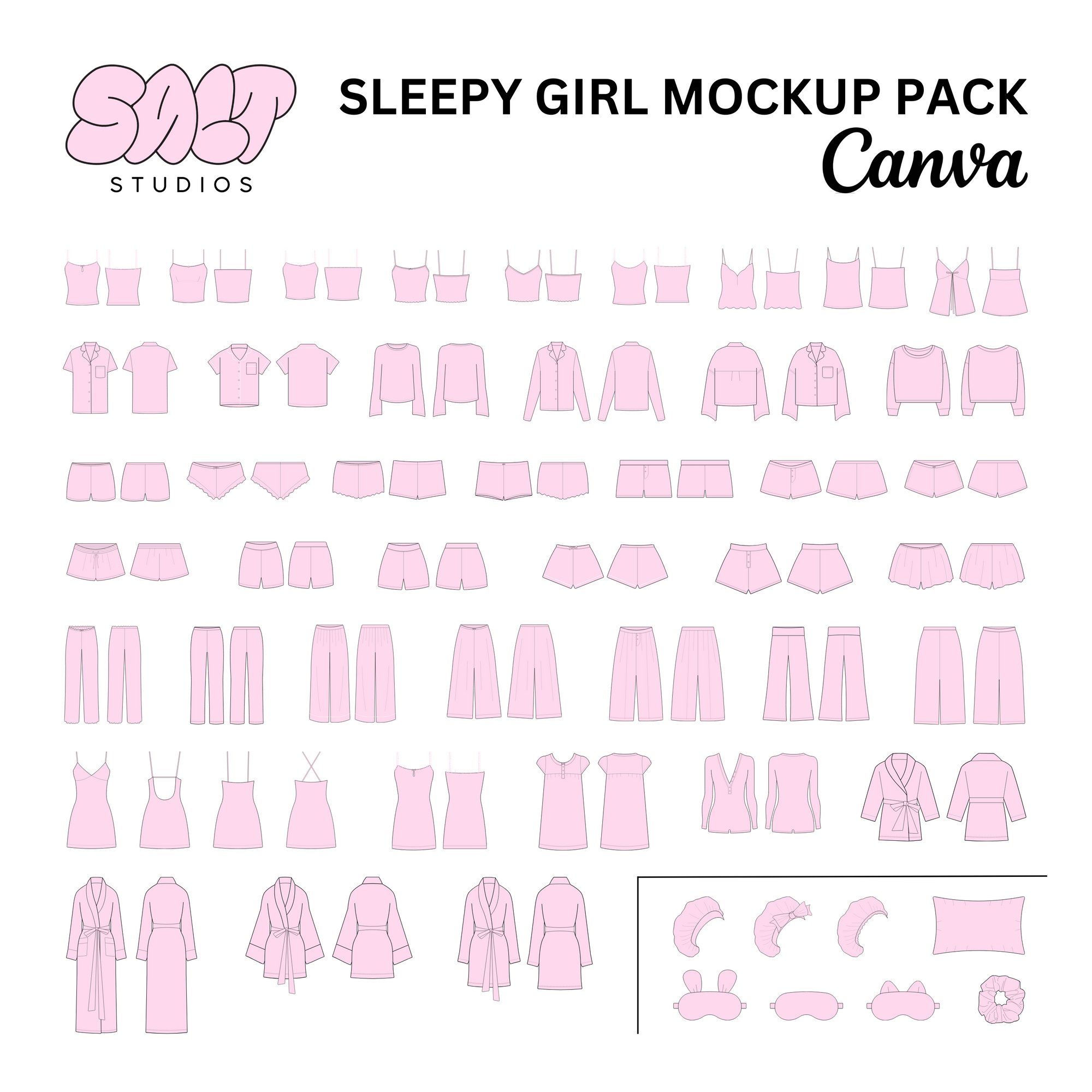 A picture displaying all the mockups in the Sleepy Girl Mockup Pack