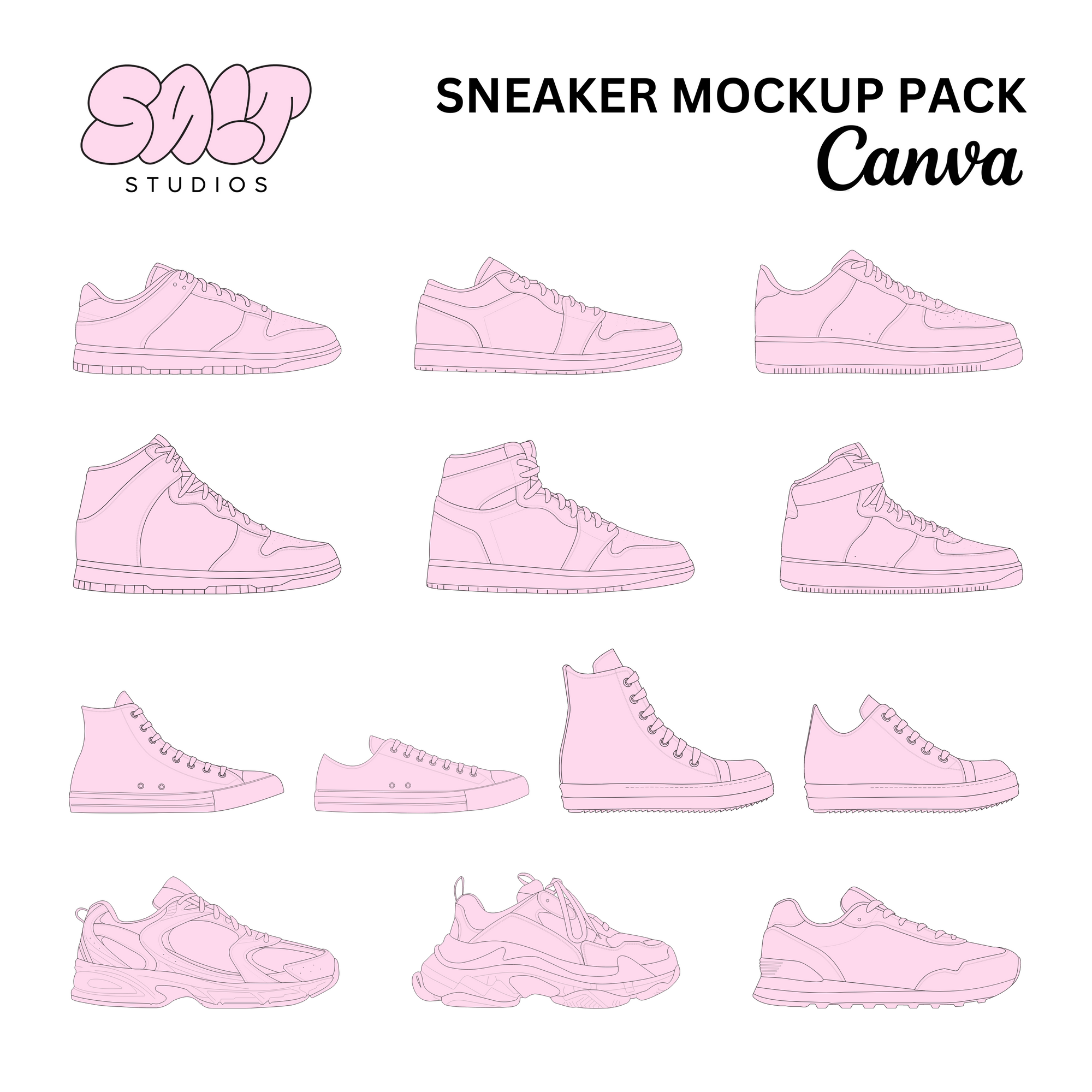 A picture displaying all the mockups in the Sneaker Mockup Pack