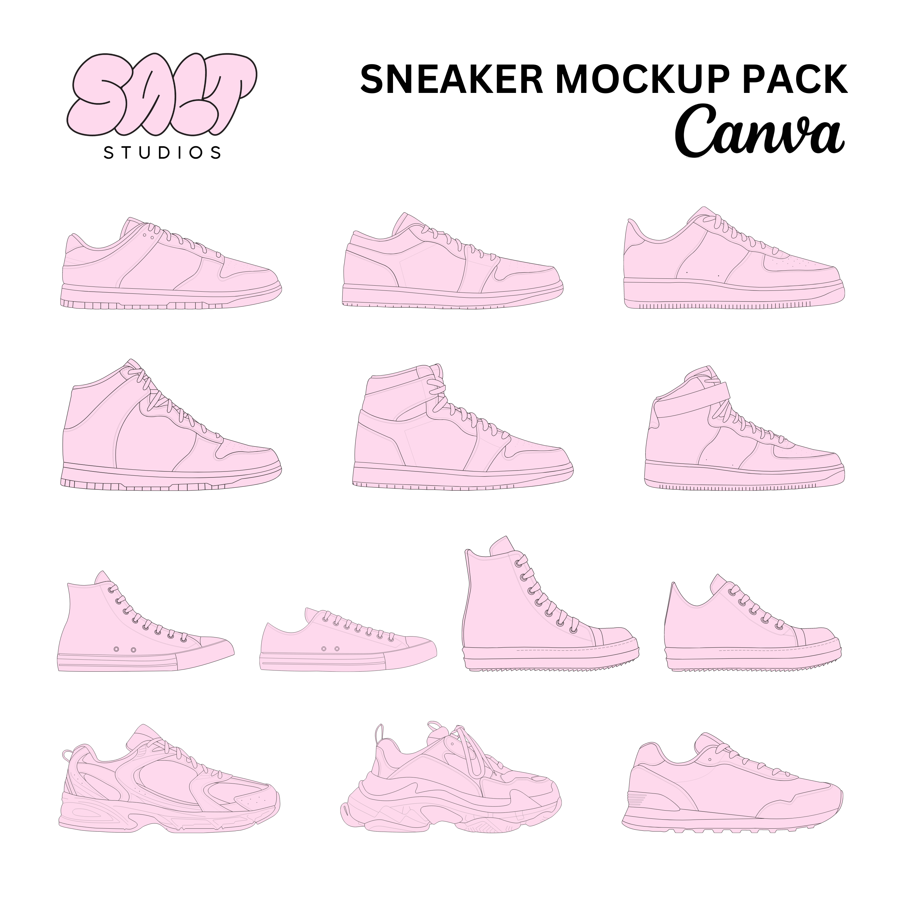 A picture displaying all the mockups in the Sneaker Mockup Pack