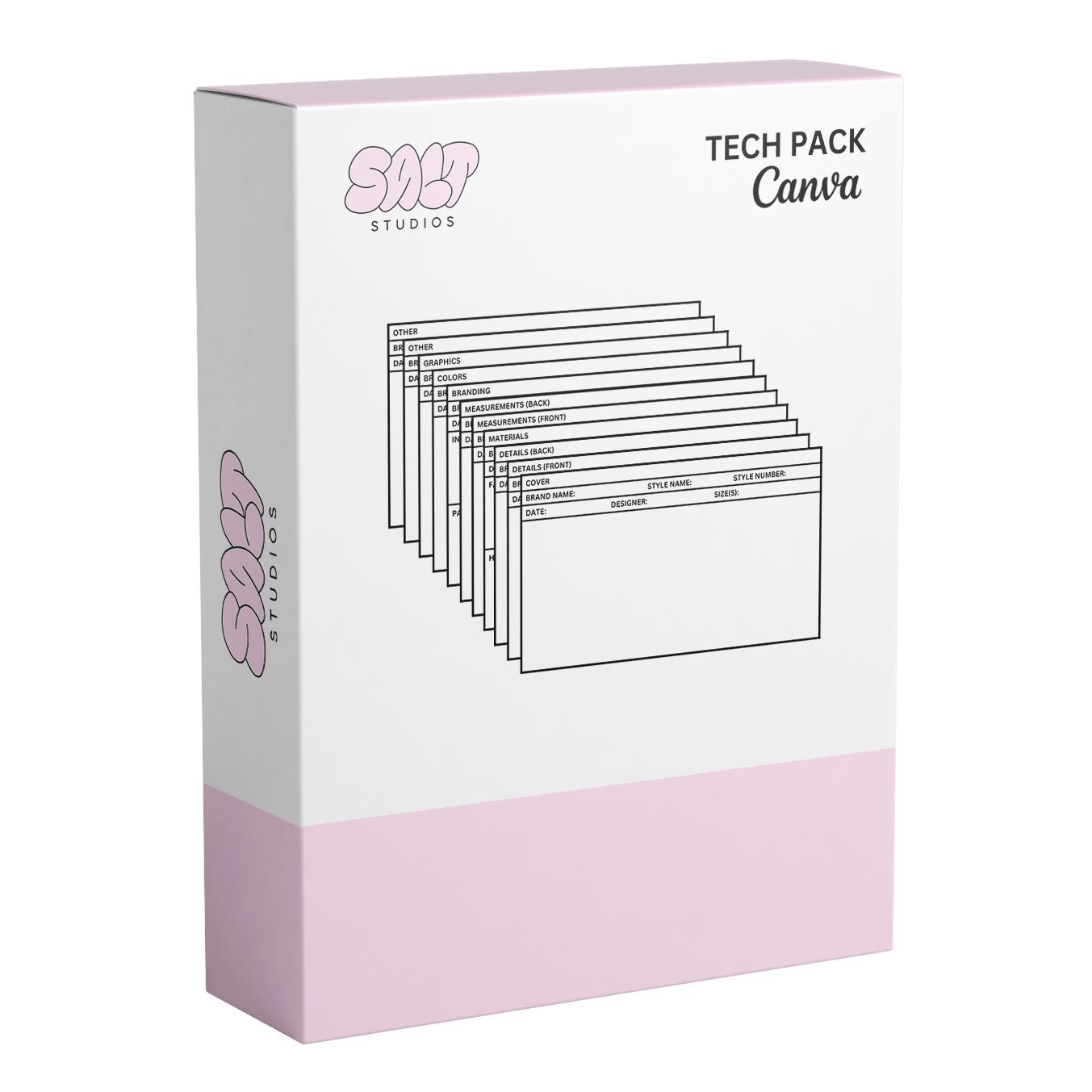 A picture displaying the different pages in the tech pack template