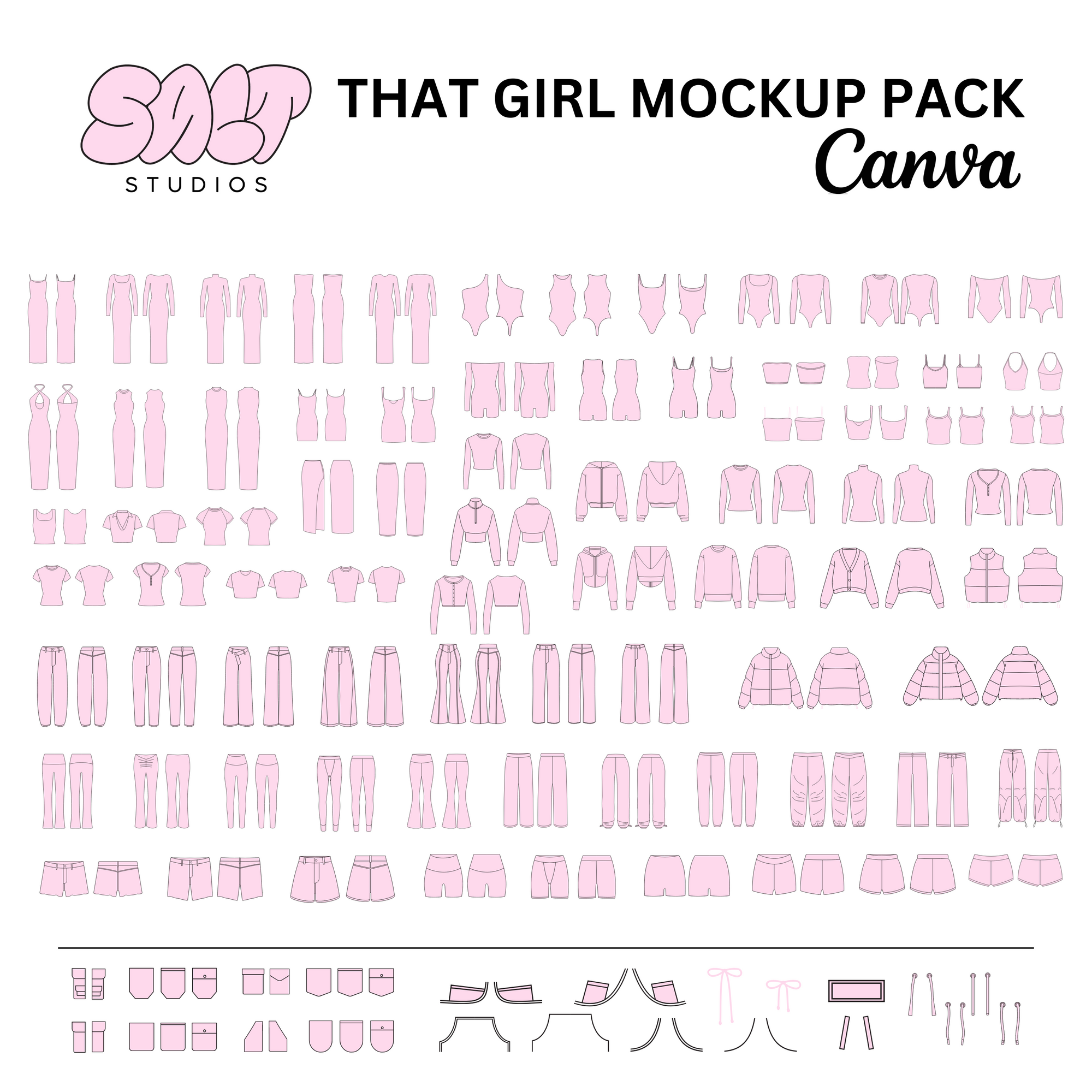 A picture displaying all the mockups in the That Girl Mockup Pack
