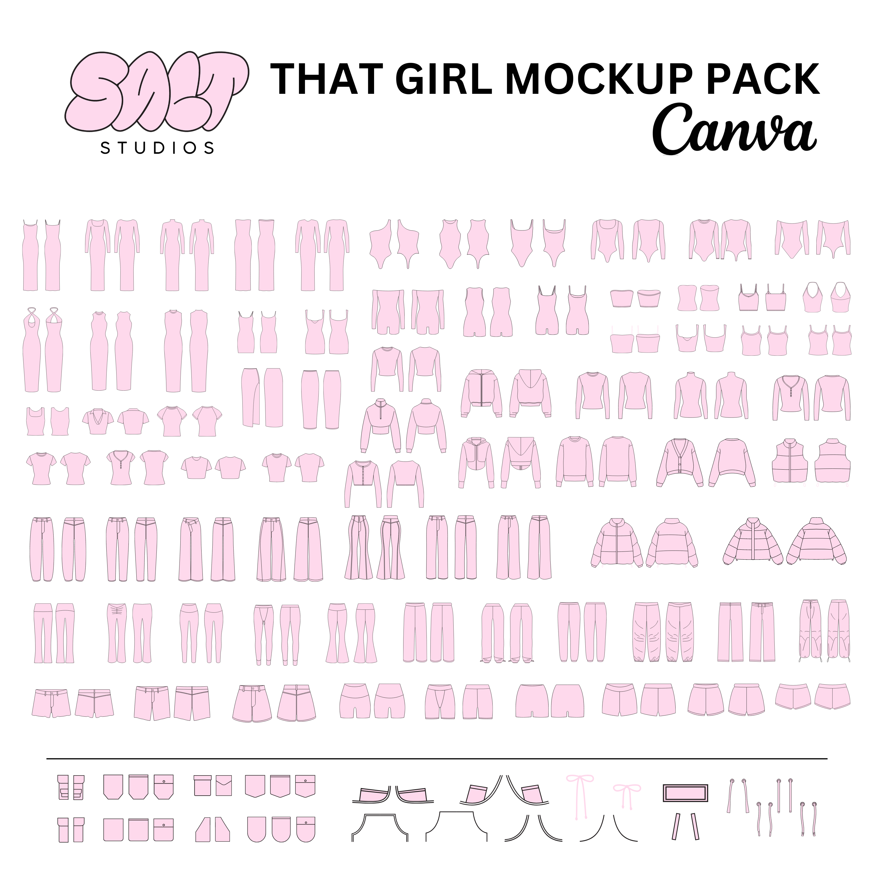 A picture displaying all the mockups in the That Girl Mockup Pack