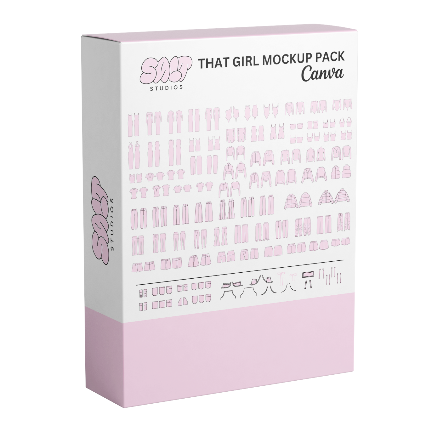 A picture displaying all the mockups in the That Girl Mockup Pack