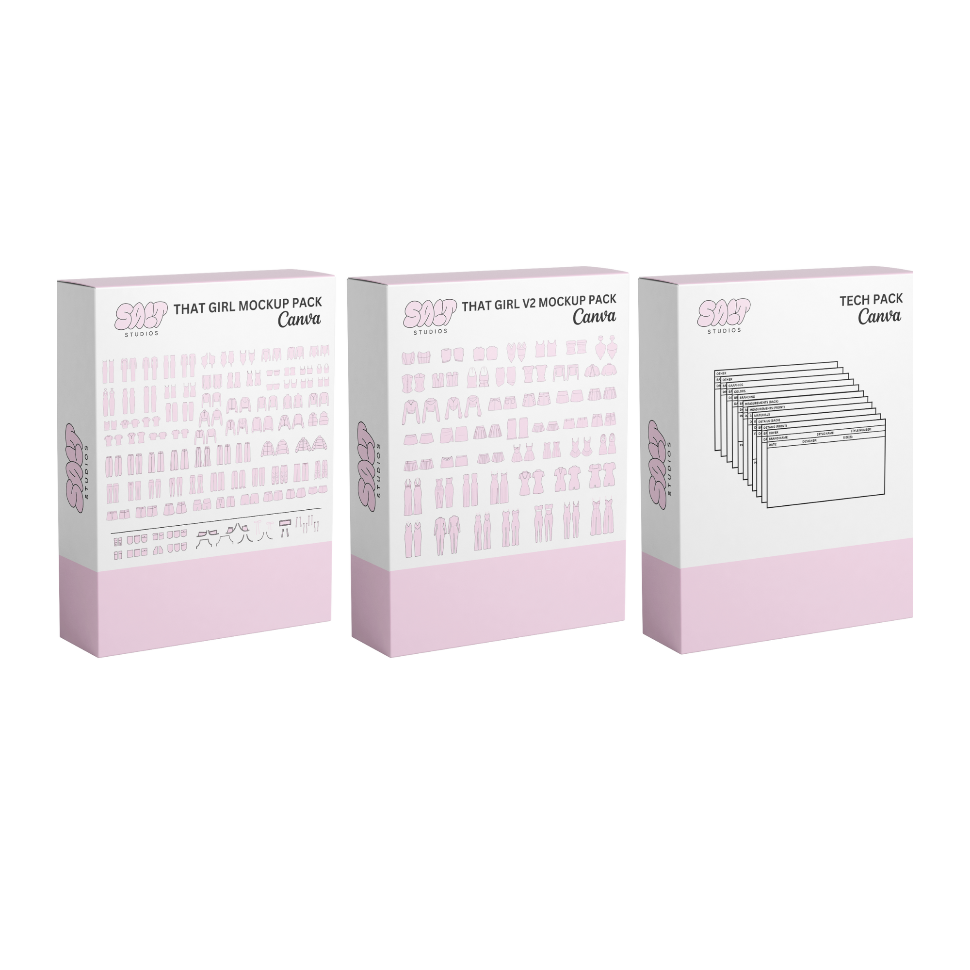 A picture displaying two different mockup packs and one tech pack template. The mockup packs are That Girl and That Girl V2.