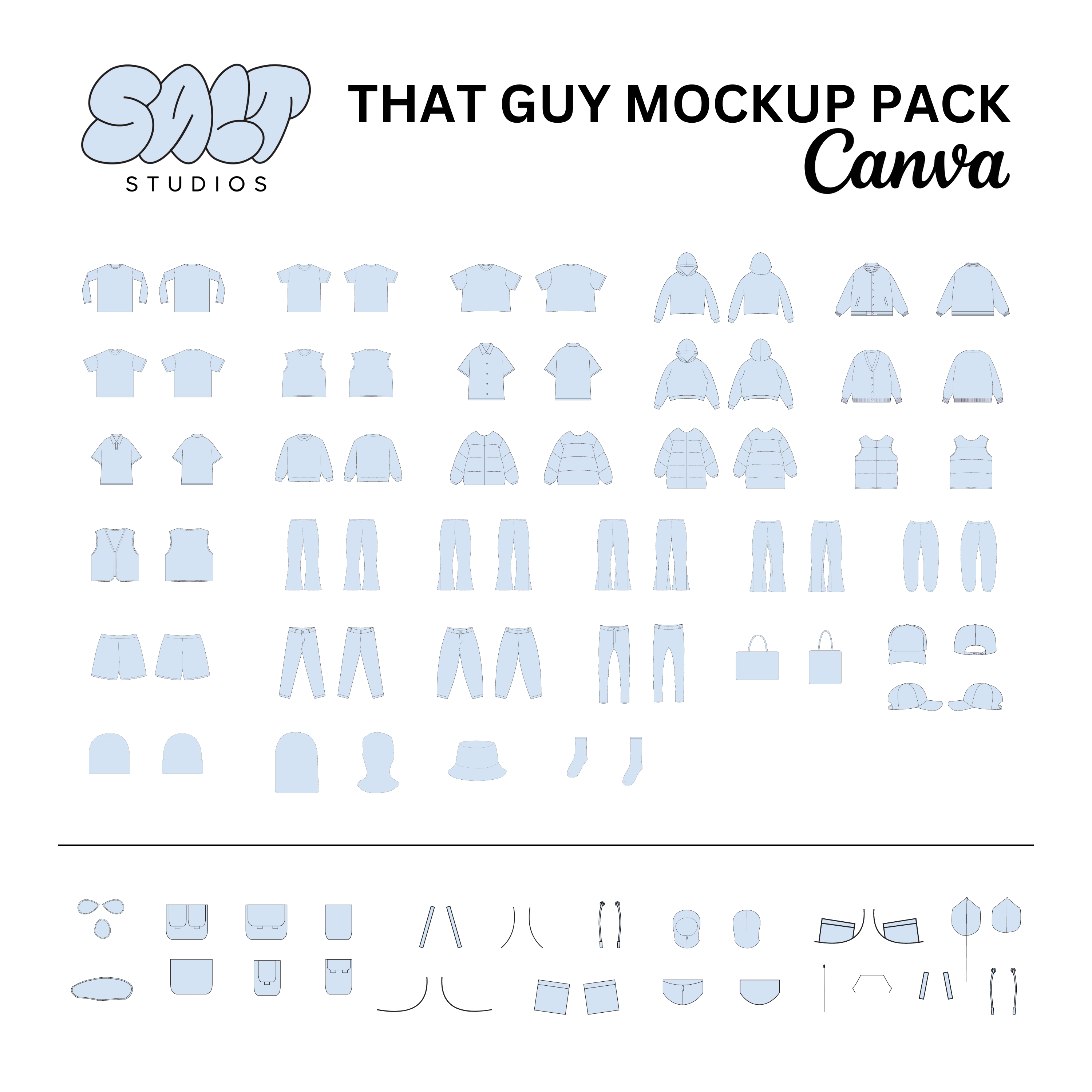 A picture displaying all the mockups in the That Guy Mockup Pack