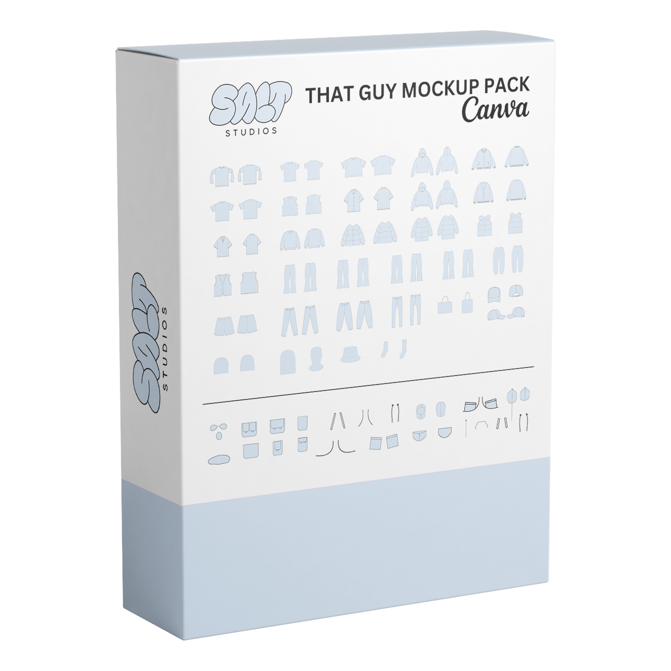 A picture displaying all the mockups in the That Guy Mockup Pack