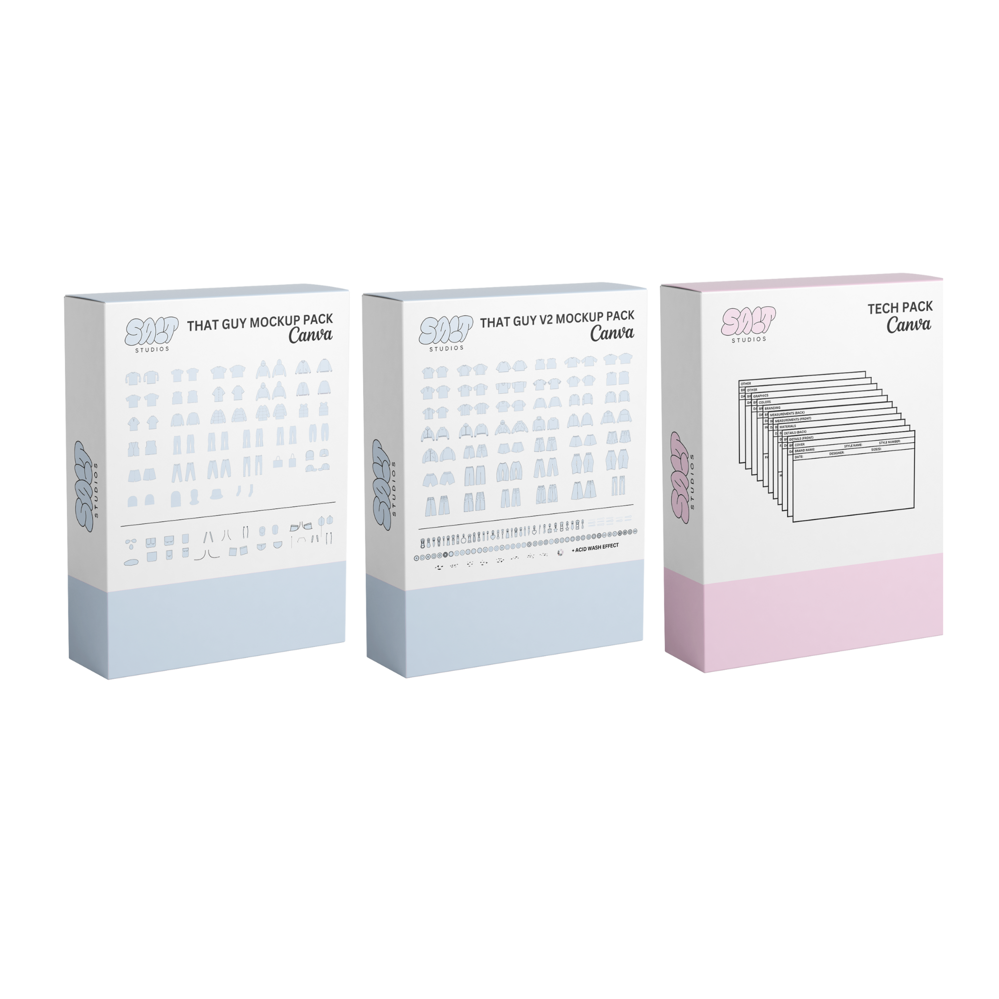 A picture displaying two different mockup packs and one tech pack template. The mockup packs are That Guy and That Guy V2.